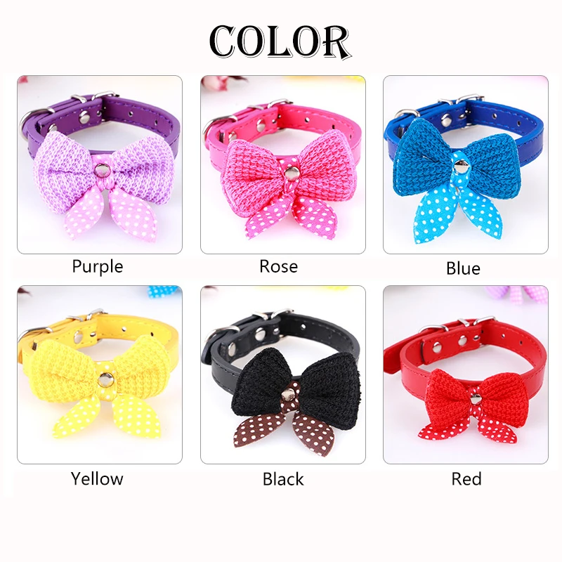Cute Knit Bowknot Pet Dog Collar Polka Leather Adjustable Pet Collar for Small Dogs Fashion Chihuahua Yorkie Puppy necklace (4)