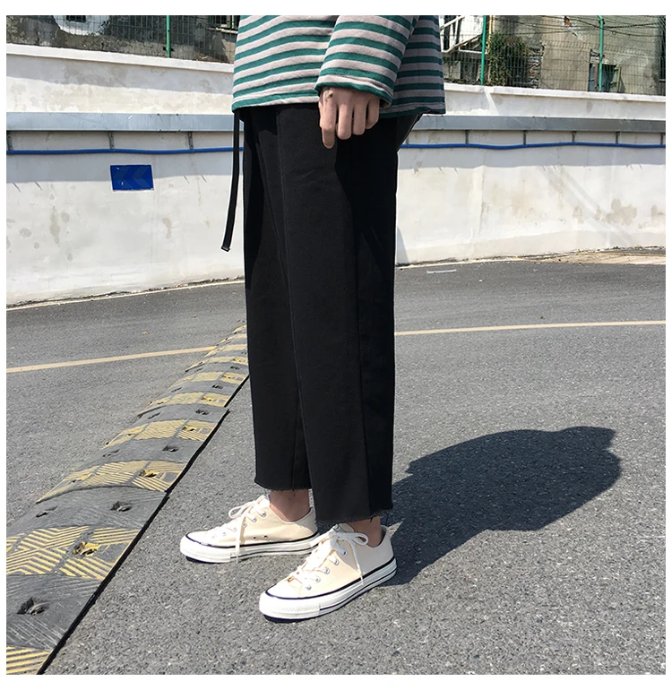 Весна и лето Японский Корейский тренд повседневная пара сплошной цвет свободные Молодежные мужские укороченные брюки уличная хип-хоп