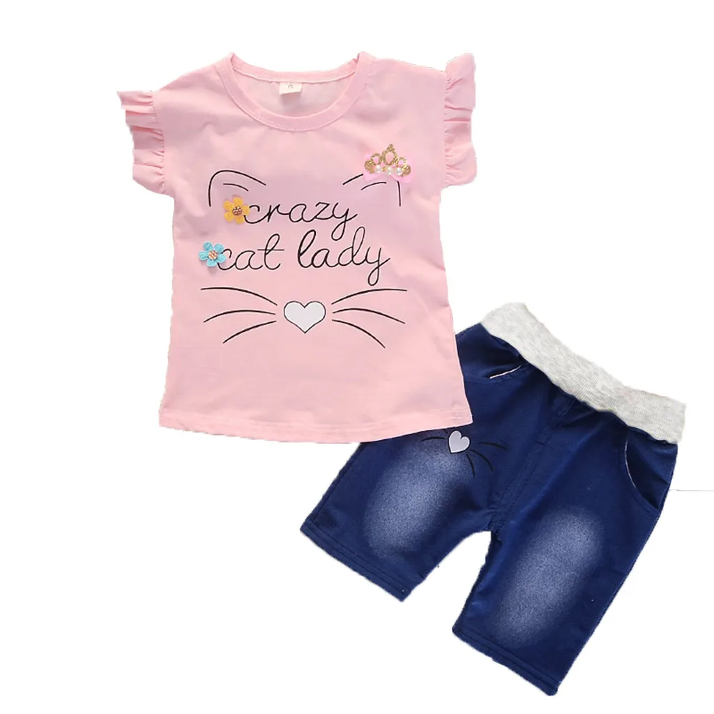 

Hot Sale Kids Clothes Toddler Baby Girls Cartoon Short Sleeve Cartoon Print Tops+Denim Shorts Set Outfits 2019 Mujer sets