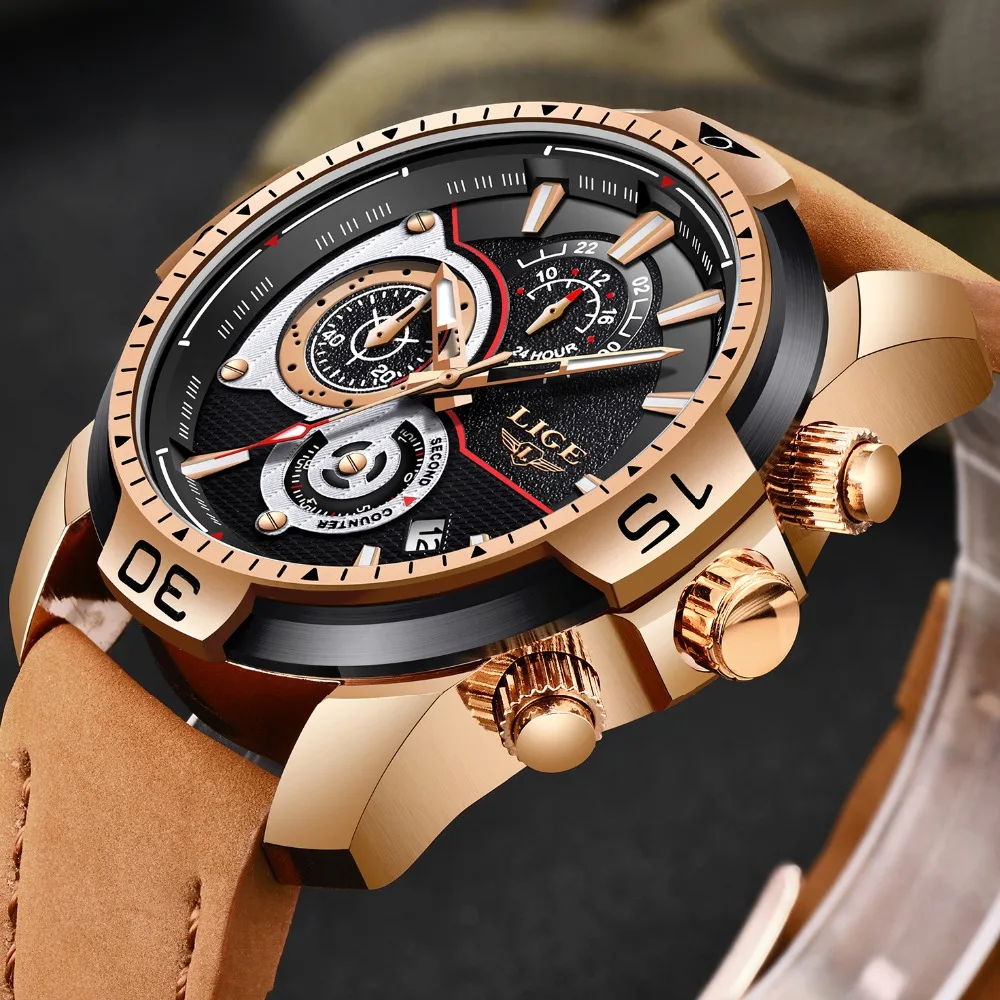 

LIGE Mens Watches Top Brand Luxury Casual Leather Quartz Clock Male Sport Waterproof Watch Gift Gold Watch Men Relogio Masculino