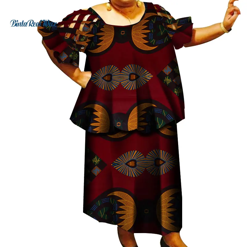 

Bazin Riche Hollow Sleeve Top and Skirts Sets for Women Casual Traditional African Women Clothing 2 Pieces Skirts Sets WY3996