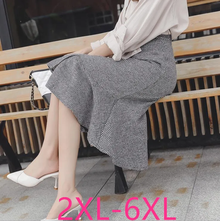 

2019 autumn winter new plus size casual loose elastic waist plaid long ruffle skirt gray woman large size skirts 3XL 4XL 5XL 6XL