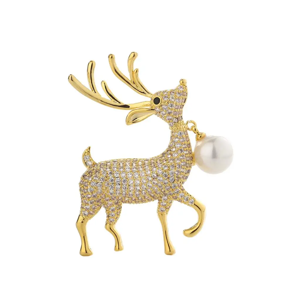 

Cubic Zircon Micro Paved Lovely Deer Brooches Pin Lady Imitation Pearl Scarf Buckle Dressing Accessory XZ0051