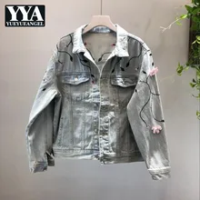 Корейская Вышивка Цветы Свободная джинсовая куртка Женская мода Harajuku цветочные джинсы куртка женская Высококачественная женская одежда пальто