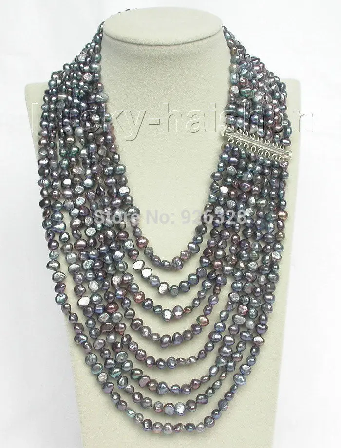 

FREE SHIPPING>>>@@ 17"-24" 8row baroque Multicolor black pearls necklace 925 silver clasp