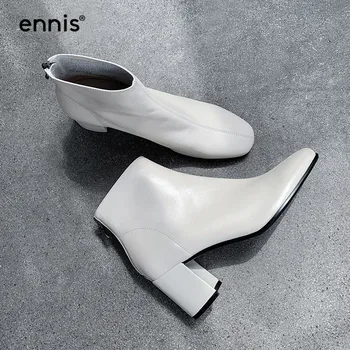 

ENNIS 2019 Autumn Short Boots Women Genuine Leather Ankle Boots Chunky Heel Patent Fashion Booties Zipper White Black Shoes A949