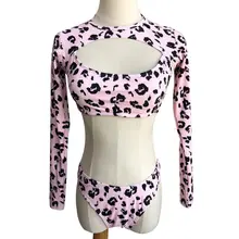 Женский сексуальный бикини Boho Ретро Леопардовый купальник с длинным рукавом укороченный топ бюстгальтер с бретельками трусики-Тонг с низкой посадкой вырез купальник без спинки