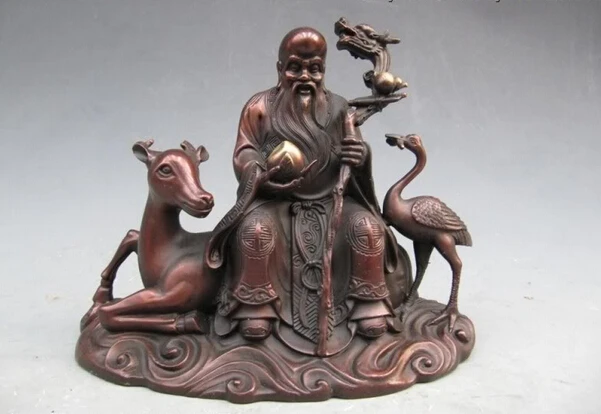 

Collectible bronze lion statue S0952 Chinese refined craftwork Pure Bronze longevity god on crown crane spotted deer