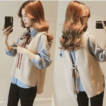 

2019 Sweater Vest With Shirt New Arrival 2 Piece New Fashion School Hot Sale Women Hoodies Set Winter Sweater For Women