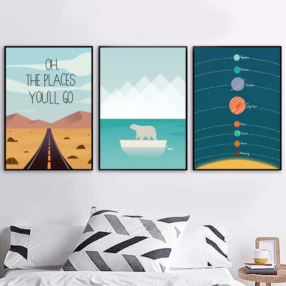 Polar Bear Road Mountain Moon Planet Wall Art Canvas Painting Nordic Posters And Prints Wall Pictures For Kids Baby Room Decor