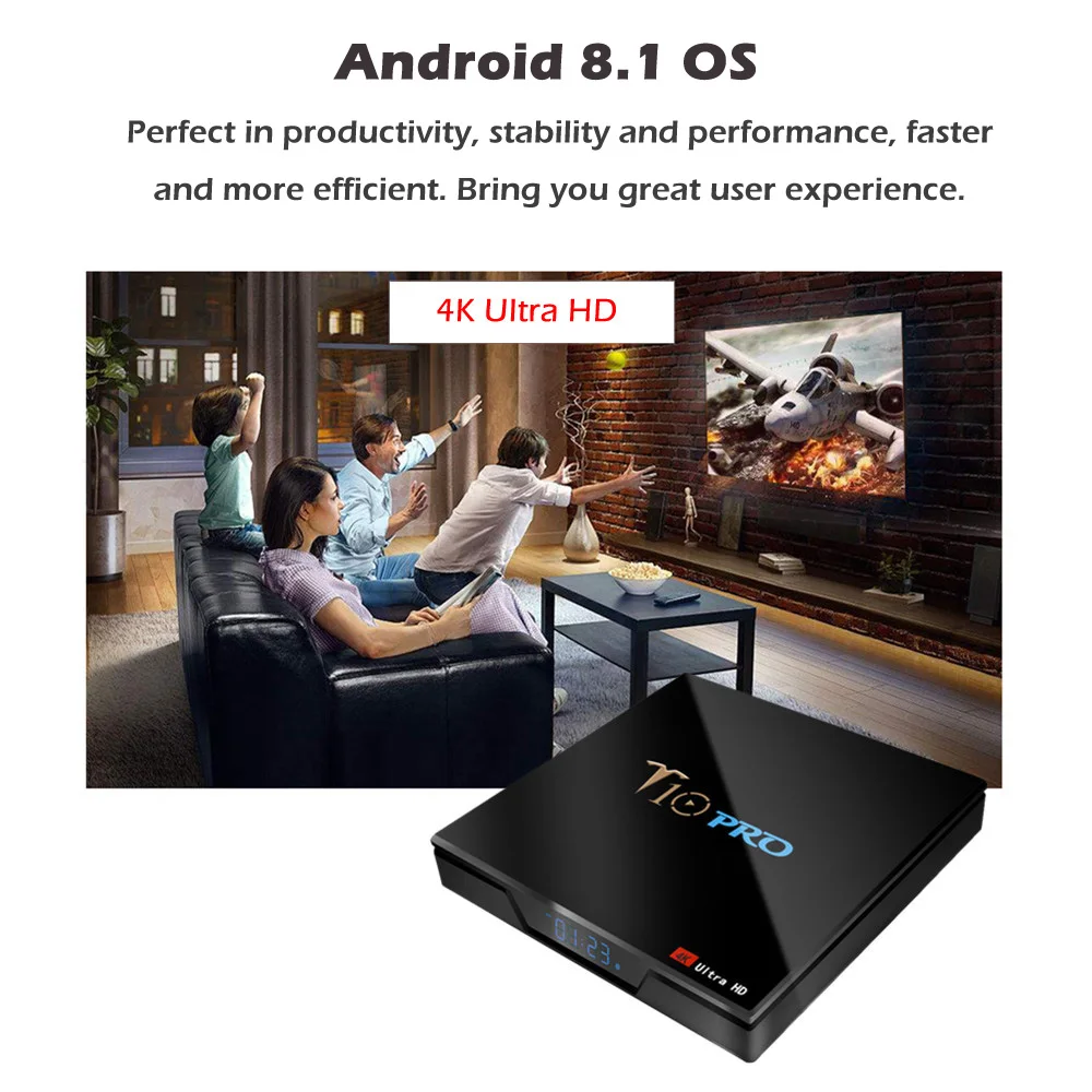 T10 PRO Smart Android 8,1 ТВ коробка S905X2 UHD 4 K VP9, объемом памяти 4 Гб/32 ГБ, 4 ГБ/64 ГБ двухполосный Wi-Fi BT4.1 светодиодный процессор Экран Media Player