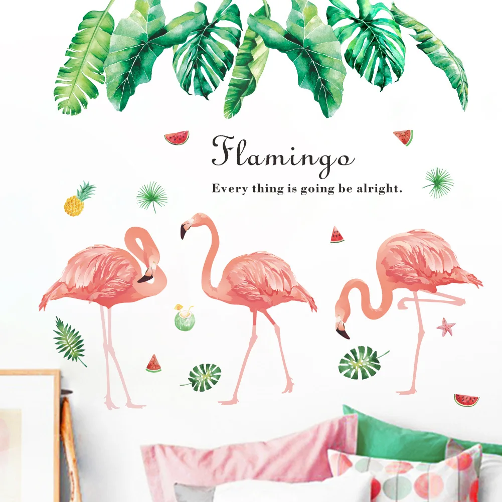Супер красивая наклейка Розовый фламинго зеленые листья Наклейка на стену виниловая наклейка домашний Декор наклейки Фреска Искусство