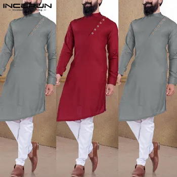 

INCERUN 2020 Muslim Clothing Men's Long-sleeved Solid Color Muslim Stitching Irregular Long-sleeved Saudi Arabian Men Robes 5XL