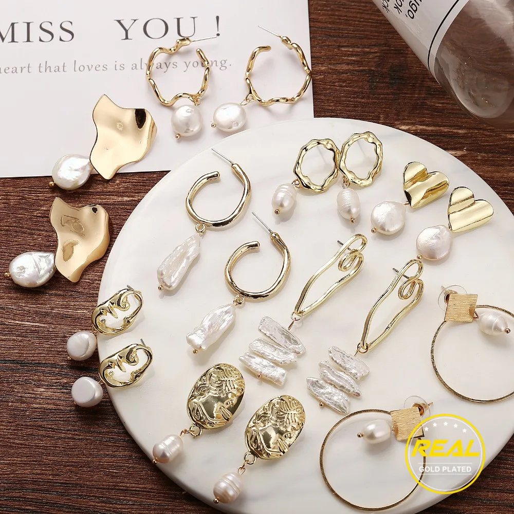 

2019 Trendy Korea Design Metal Gold Geometric Irregular Circle Square Natural Freshwater Pearl Stud Earrings for Women Girl Gift