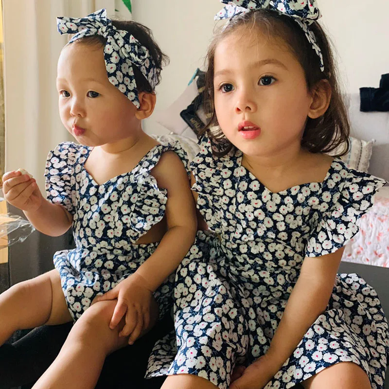 Toddler Baby Girls Vintage Ruffles Floral Dresses with Knot Headband Kids Summer Fly Sleeve Princess Dress Children Sundress (7)