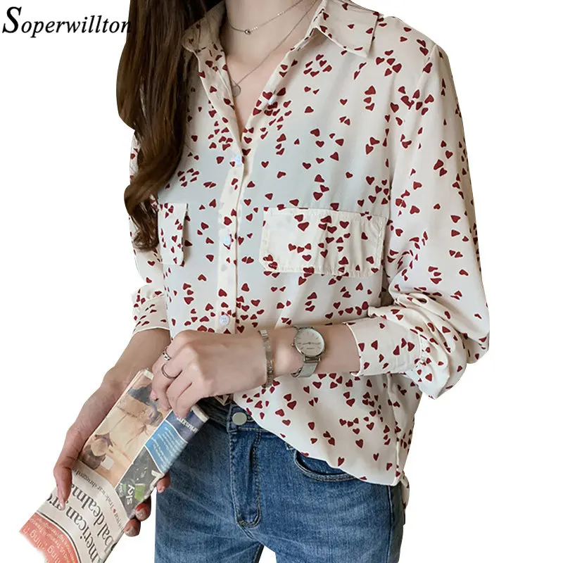 

2019 New Heart Print Chiffon Blouses Women Plus Size Spring Autumn Korean Elegant Office Long Sleeve Tops Shirts Blusas Dot D44
