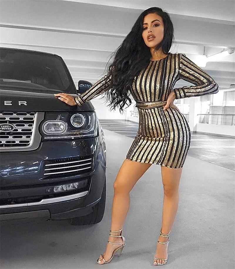 Winter New Sexy Sequined Long-Sleeved Mini Dress Women Round Neck Stripes Slim Dress Ladies Party Club Vintage Dresses4