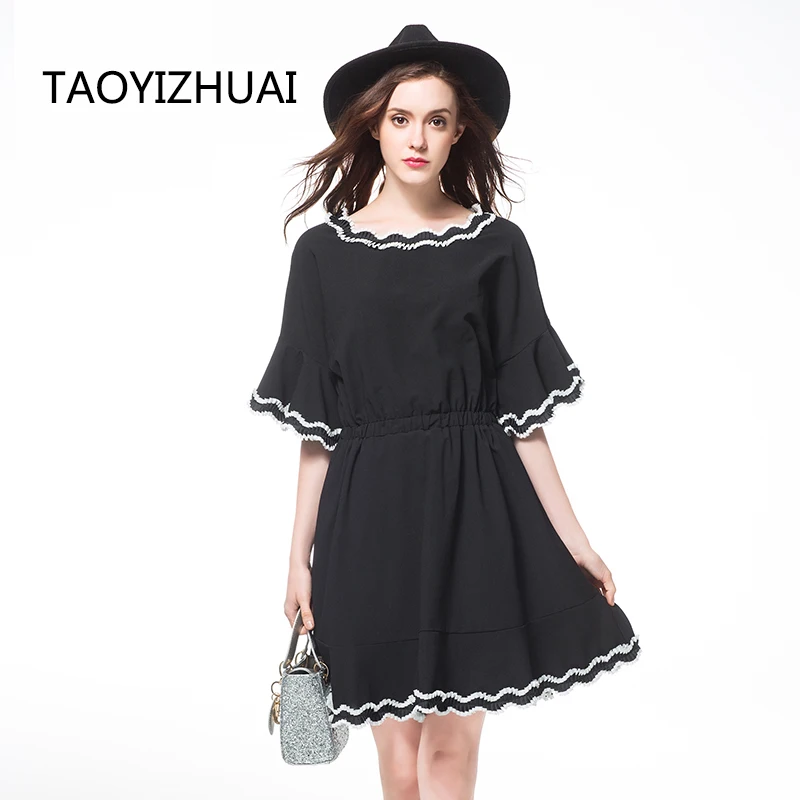 

TAOYIZHUAI Summer New arrival solid flare sleeve half loose casual style plus size Ruffles 100% Polyester chiffon Dress 11078