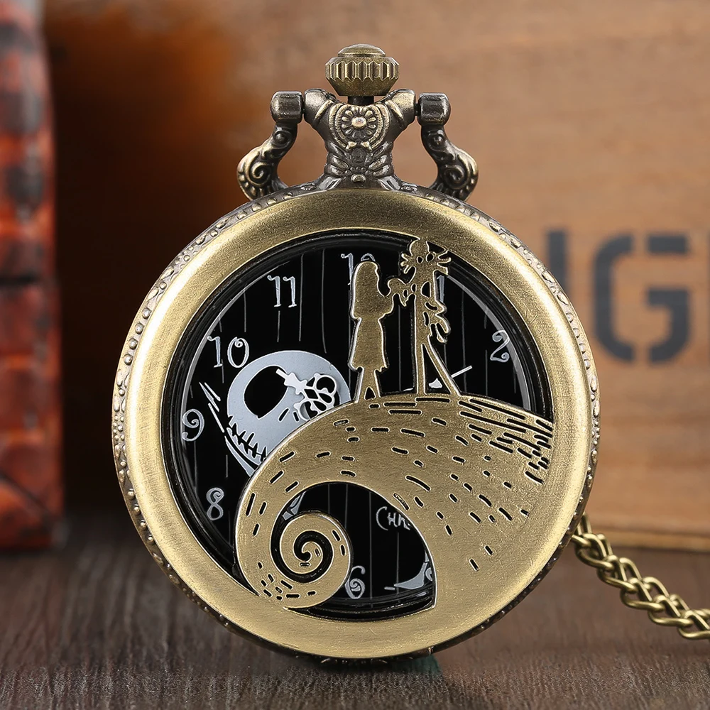 The Nightmare Before Christmas Theme Silver Women Pocket Watch Necklace Chain Men Girl Hollow Quartz Pendant 4