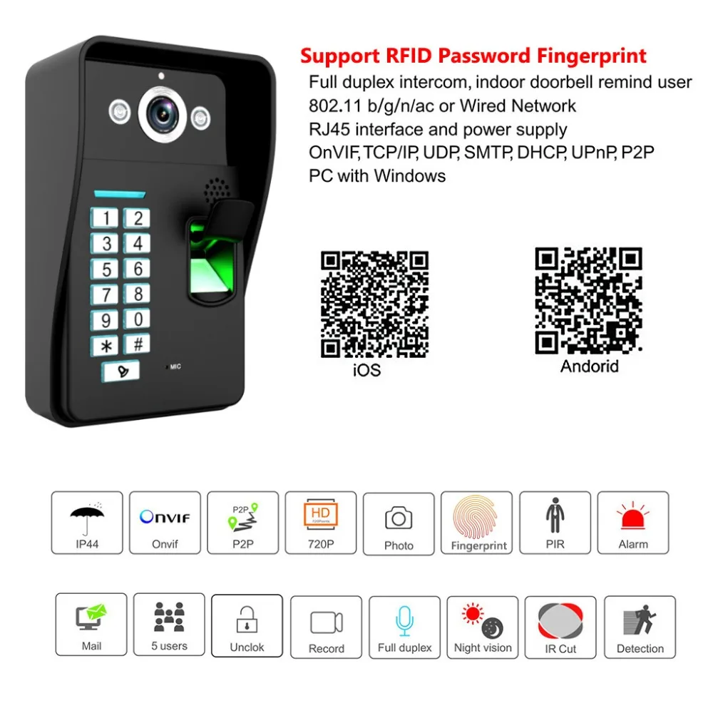 HD 720P видео дверной телефон беспроводной wifi RFID Пароль отпечаток пальца видео дверной звонок ip-камера для внутренней сети Поддержка iOS Android телефон ПК