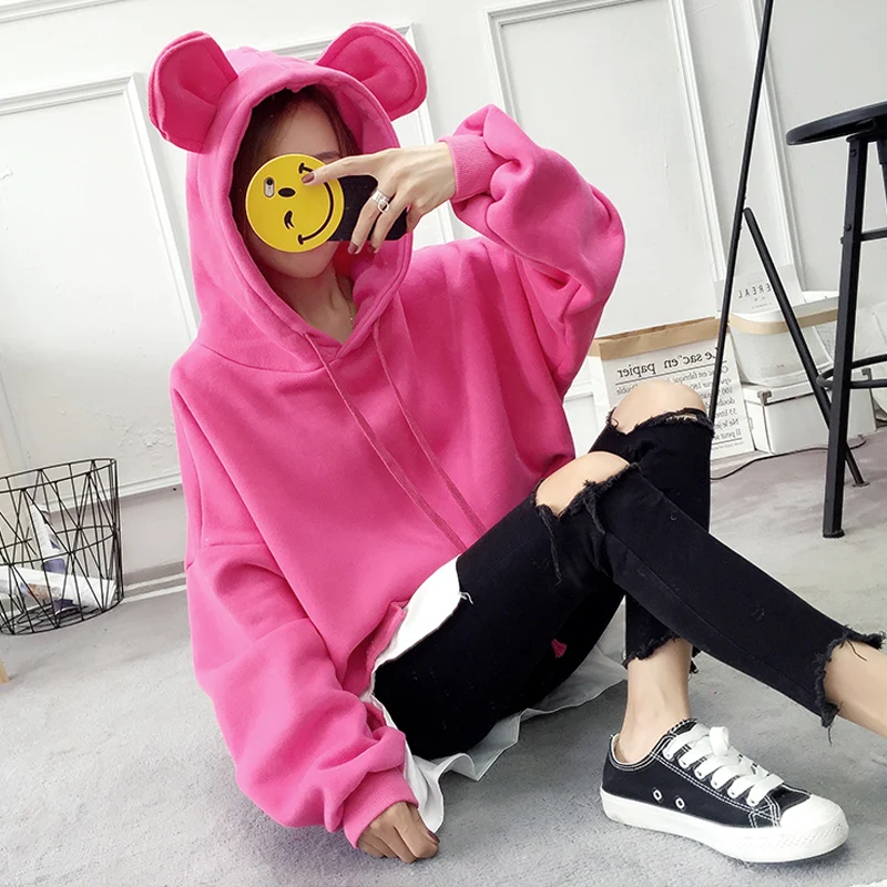 

panda pink kwaii Hooded Sweatshirts Drawstring Long Sleeve Sweats New 2018 cotton Women casual Jumper Sweats student Pullover