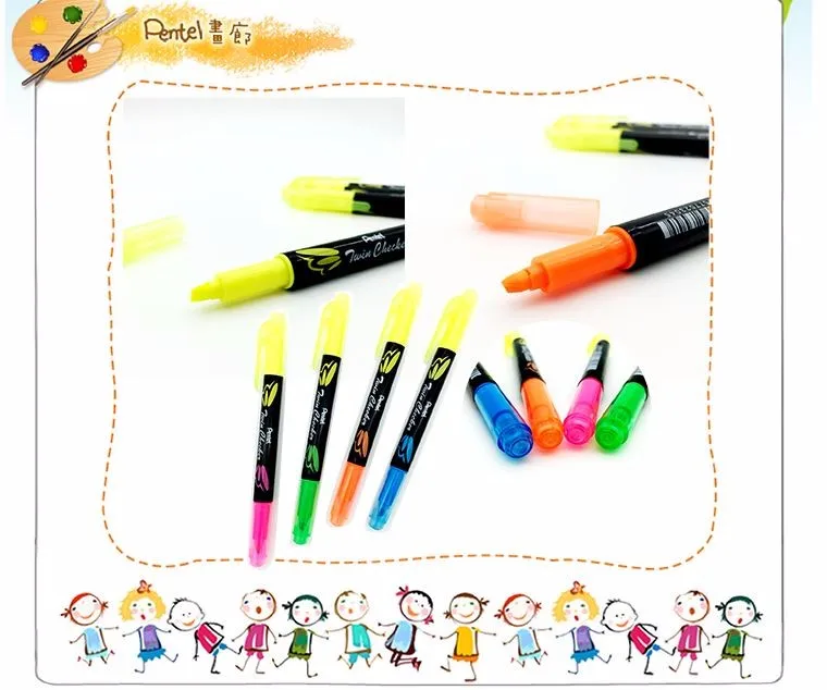 Evidenziatore Pentel TWIN CHECKER A 2 Punte - Doppio Colore Giallo E Rosa - Ideale Per Studio E Ufficio