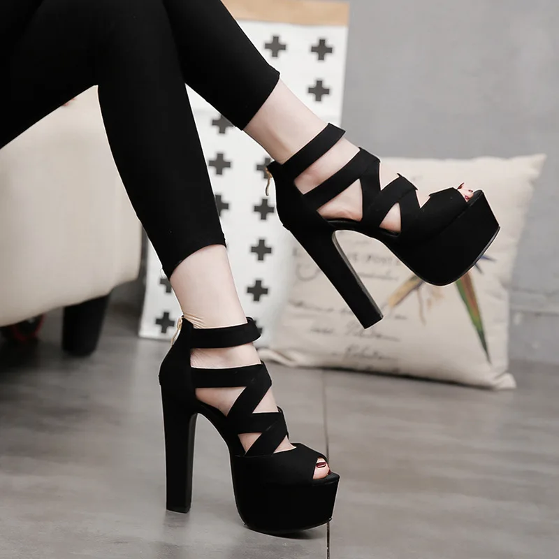 

Spring Summer 15CM Fashion Thick with Sandals Fish Mouth Shoes High-heeled Hollow Sandals Nightclub High sandalias mujer 2019