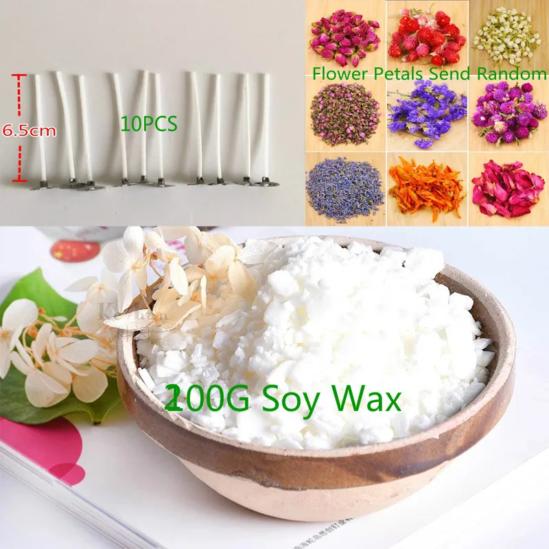 10PCS Candle Wick+200g Natural Soy Wax+Mini Dry Flower