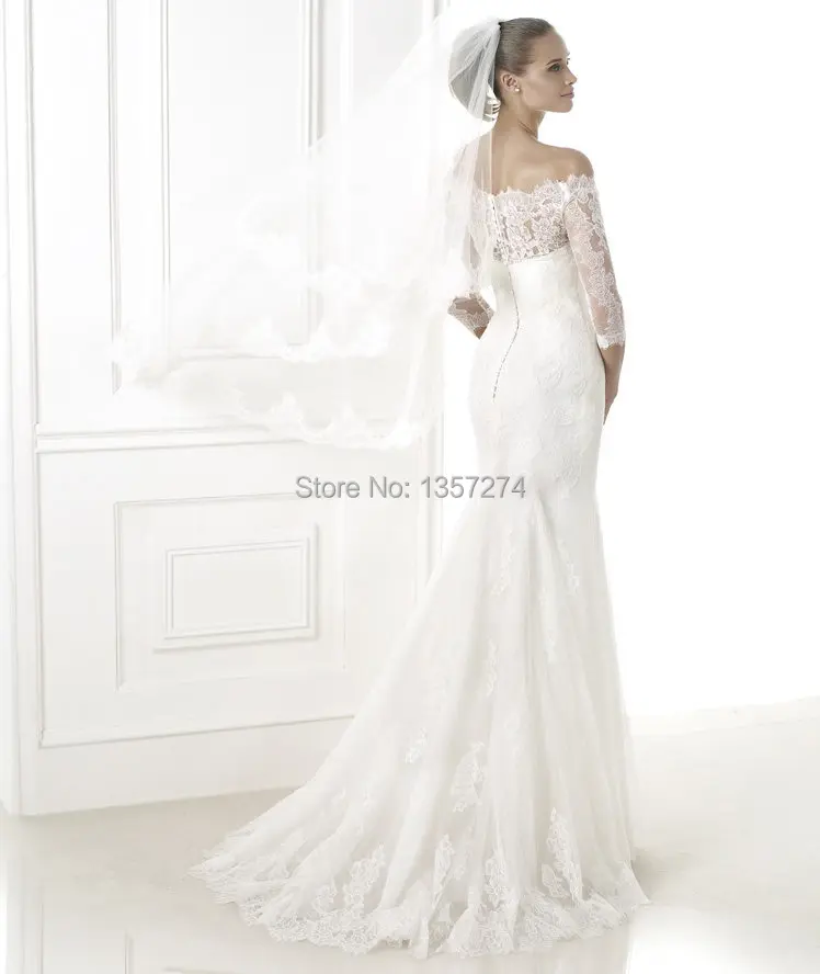 See Through Back Lace Wedding Dress With Three Quarter Sleeve Off Long Sleeve Lace Wedding Dresses See Through High Neck Bride Gown Sheer Back Trumpet India Vestido De Noiva Free Shipping Sw2553