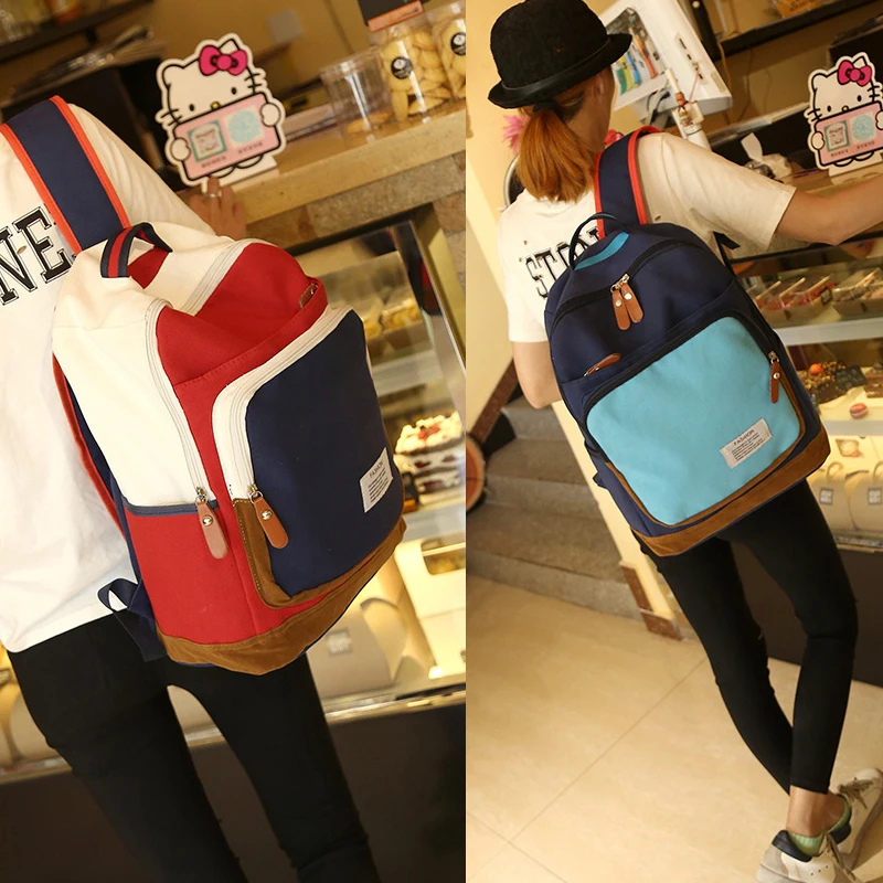 Trendy 2016 Men s Casual Contrast Color Canvas Zipper Backpack Preppy Style School Backpacks For Boys
