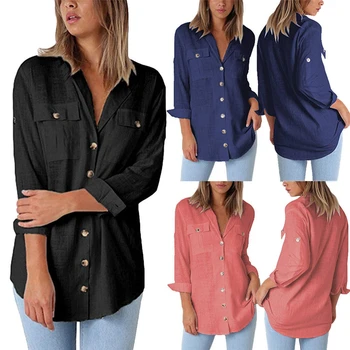 

2018 Fashion Casual 3 Solid Color Button Blouse Women's Slim Office Shirts New Long Sleeve Turn-down Collar Tops