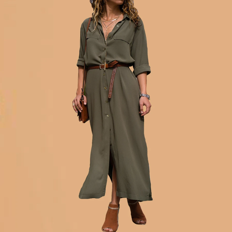 

Belted Maxi Shirt Dress Front Button Thigh Split Dress Gown Army Green Dress Cardigan Robe Femme Ete 2019 Autumn Women Fashion