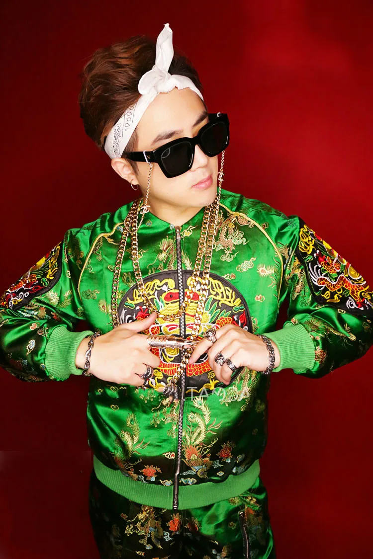

Men's Dance Wear Stage Show Jacket Patns Mirrors Bright Chinese Style Embroidery Robes Costume Green Dj Performance Clothing