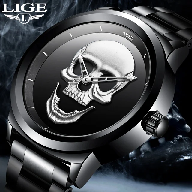 

LIGE Mens Watche Top Brand Skull Quartz Clock Luxury Fashion Business Stainless Steel Waterproof Watch Men Relogio Masculino