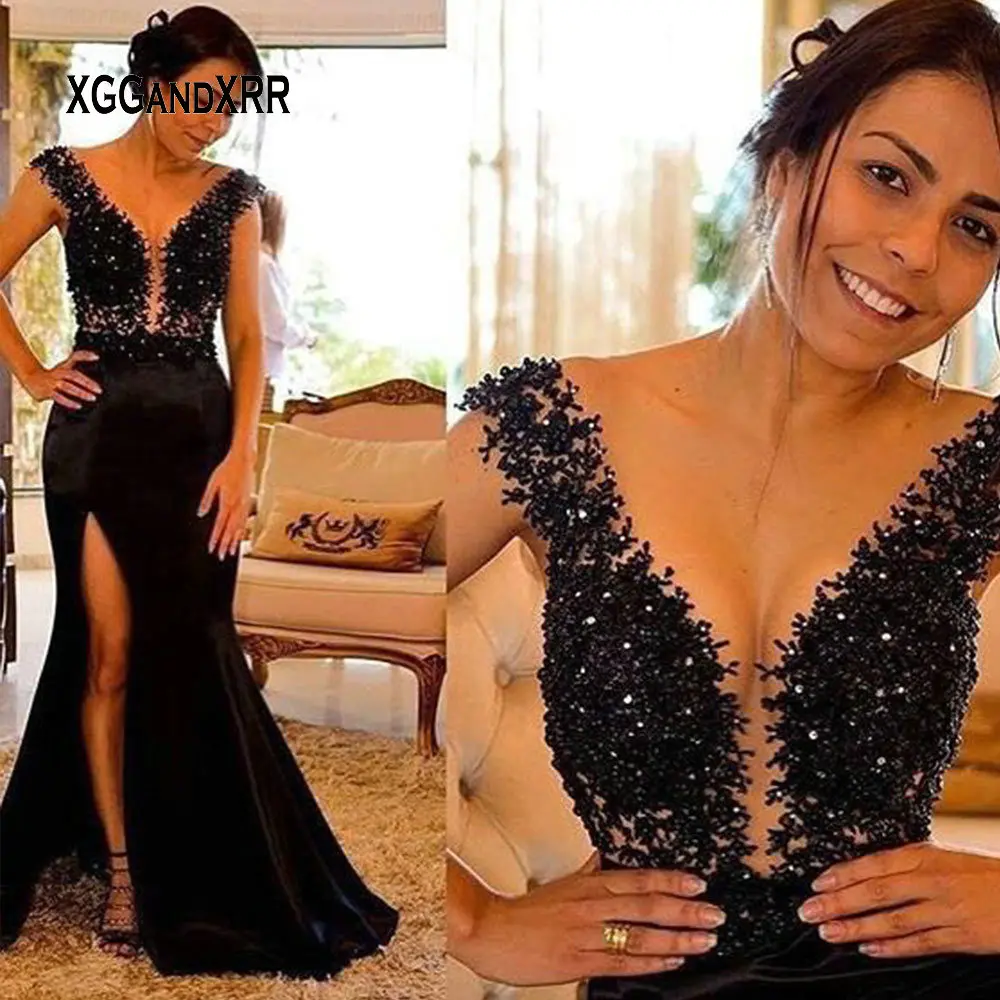 

Elegant Navy Blue Mermaid Lace Mother Of Bride Dress 2019 Sexy V Neck Cap Sleeves Appliques Tulle Long Evening Gown for Weddings