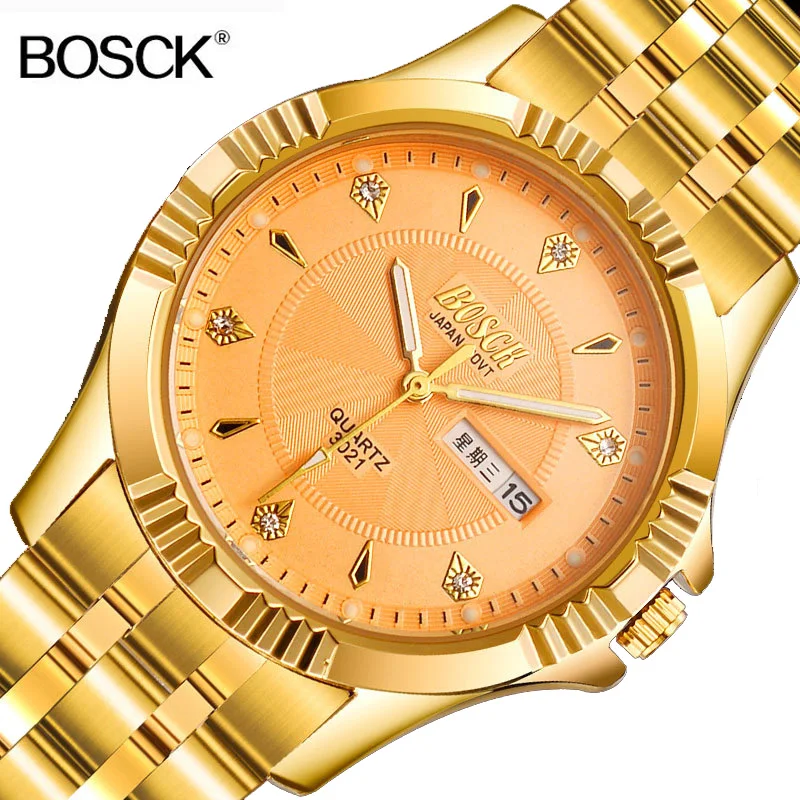 BOSCK Top Brand Gold Full Stainless Steel Role Luxury Watch Men Golden