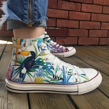 Вэнь Original ручная роспись обувь Дизайн пользовательские сельва птица Тукан высокие холщовые кроссовки для Для мужчин Для женщин рождественские подарки