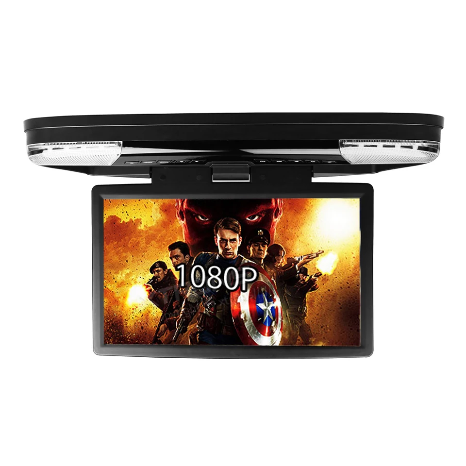 Top 15.6" Car Roof Mounted DVD Player With 32 Bits Game Flip Down Monitor Ultra-thin Overhead Wide Screen HDMI Port Ceiling HD Video 1