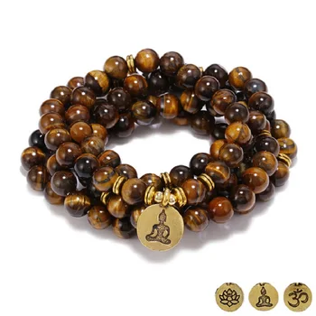 

Drop Shipping Exquisite 8mm 108 Natural Tiger Eye Stone Beads Bracelet or Necklace Yoga Lotus Copper Pendant Men Women Jewelry