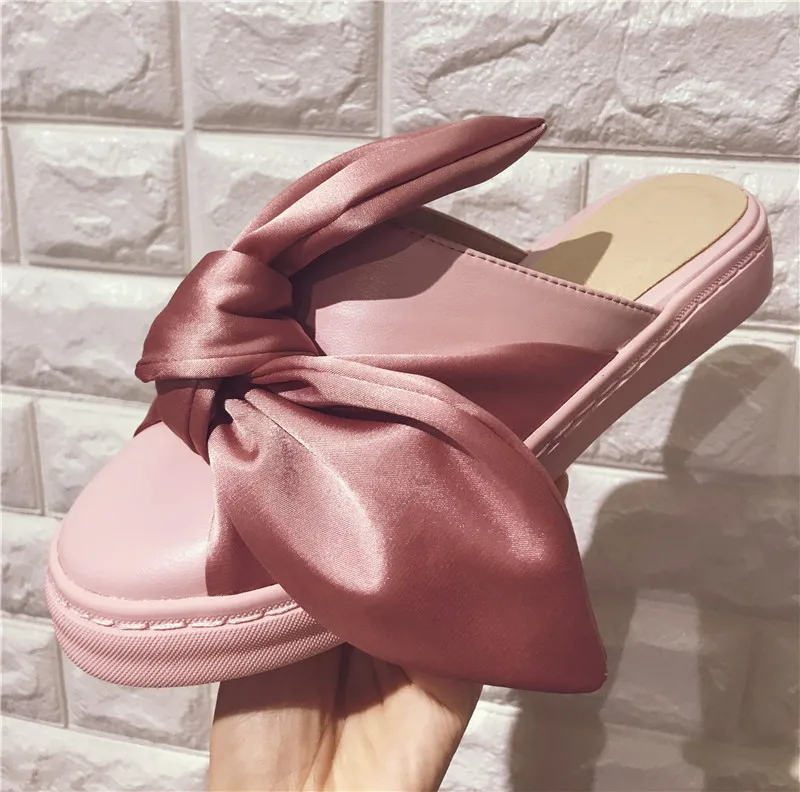 

2018 Woman Leather Toe Cap Slippers Summer Shoes Woman Flats Outside Street Styles Silk Butterfly-Knot Pink White Lazy Slippers