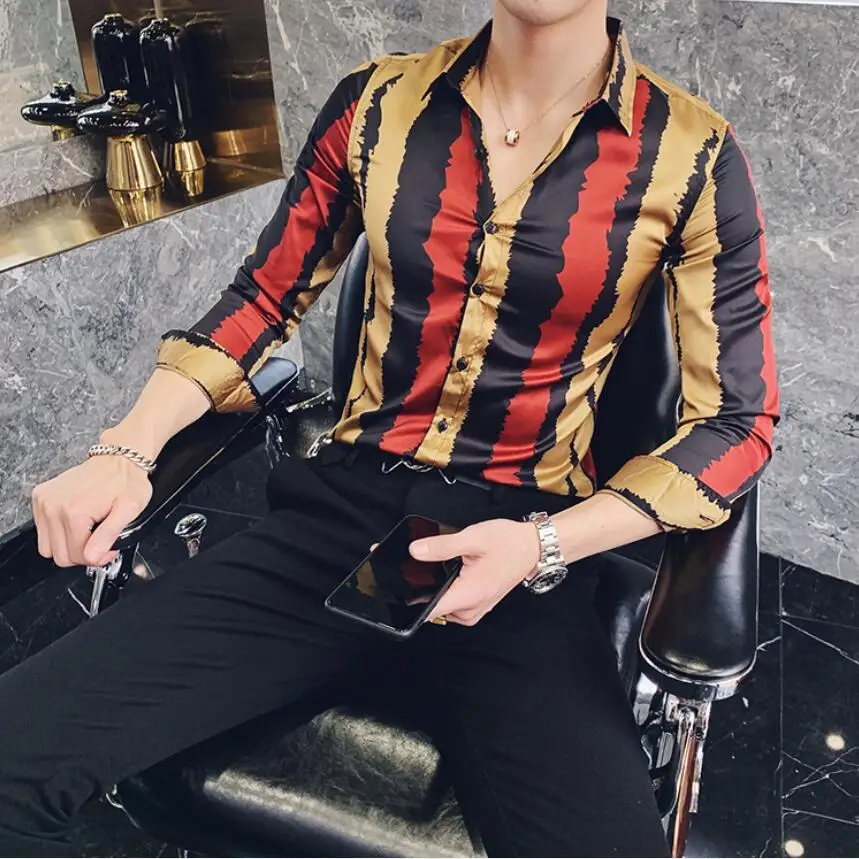 2019 الأزياء الذكور مصمم حزب النادي حفلة موسيقية حزب قمصان/الرجال عالية الجودة شريط ضئيلة قميص رسمي للأعمال/رجل التلبيب كم طويل قمصان