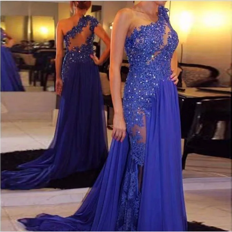 Sexy Royal Blue Evening Dresses Long 2019 Chiffon See Through One Shoulder Appliqued Lace Party Gown Plus Size Robe De Soiree Sexy Royal Blue Evening Dresses Long 2019 Chiffon See Through One Shoulder Appliqued Lace Party Gown Plus Size Robe De Soiree