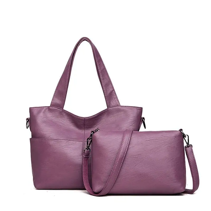 Женская кожаная сумка, повседневная сумка-тоут, сумки через плечо, 2 комплекта, известный бренд, дизайнерские женские сумки-мессенджеры, женская комбинированная сумка - Цвет: Фиолетовый