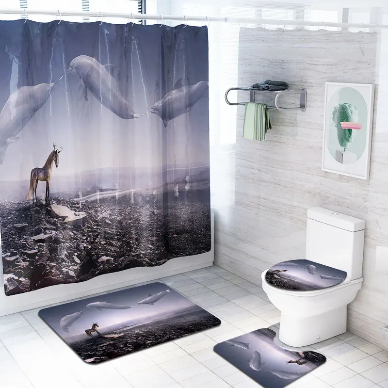 4pcs/set shower curtain set animals style bathroom accessories bath mat carpet toilet cover mug bath curtains with hooks YLS09 - Цвет: 4pcs-B