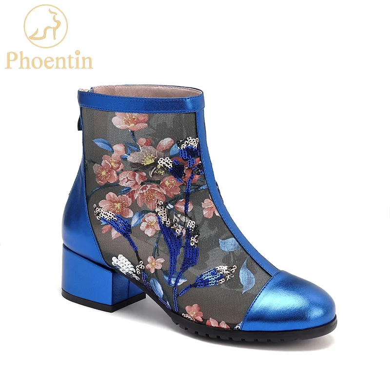 Phoentin Embroidery shoes floral womens lace mesh boots genuine leather blue summer boots laies with zip 2019 fashion FT691