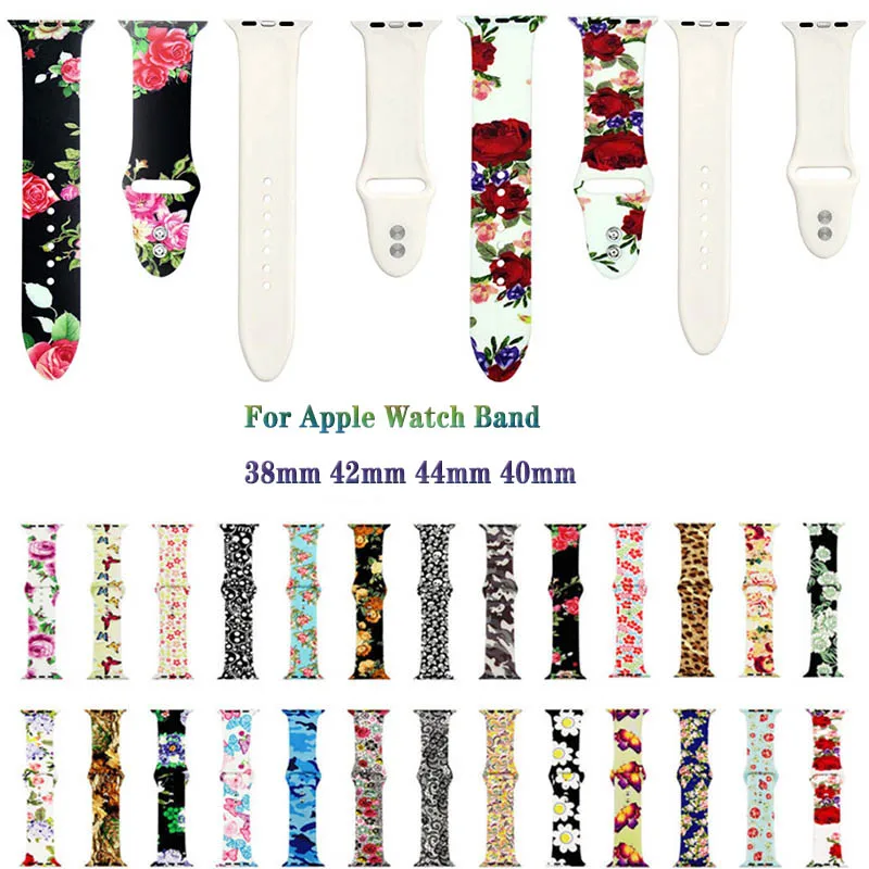 

Floral Print Silicone Bracelet Strap for Apple Watchband 42/38/44/40mm Compatible iWatch Series 1 2 3 4 women watches Accessory