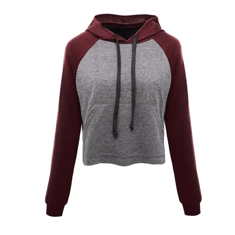 Cropped Hoodies Women Pocket Slim Patchwork Tracksuit