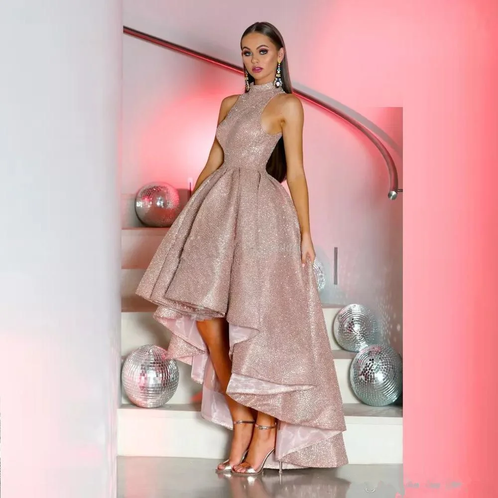 Розовое золото Высокая Низкая Выпускные платья трапециевидной формы с блестками Hi-Lo вечерние платья для выпускного вечера платья для особых случаев вечерние платья