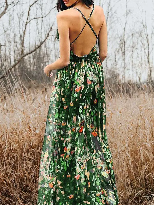 bohemia floral v neck backless maxi dress