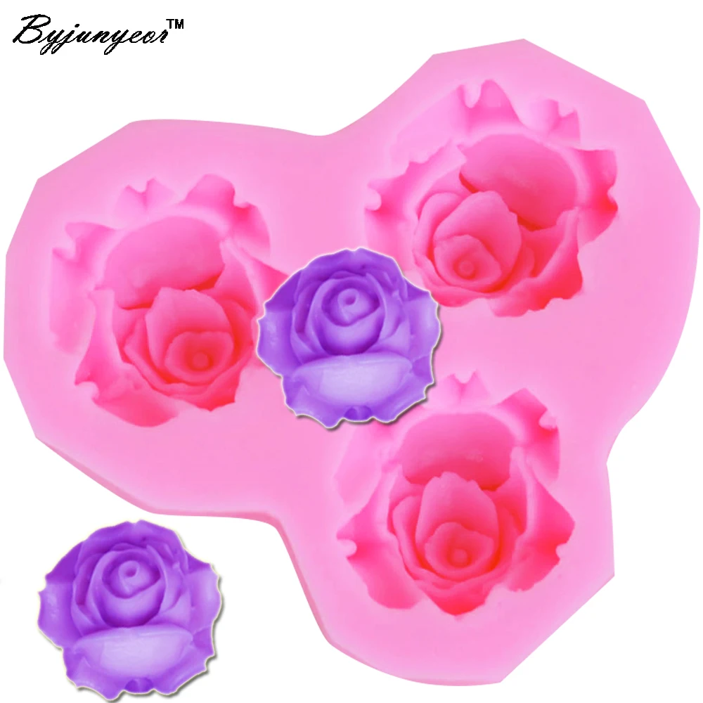 Byjunyeor M001 3 Hole DIY Rose Molds Fondant Chocolate Silicone Mold